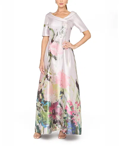 Kay Unger Coco Metallic Floral Print Mikado Gown In Pink
