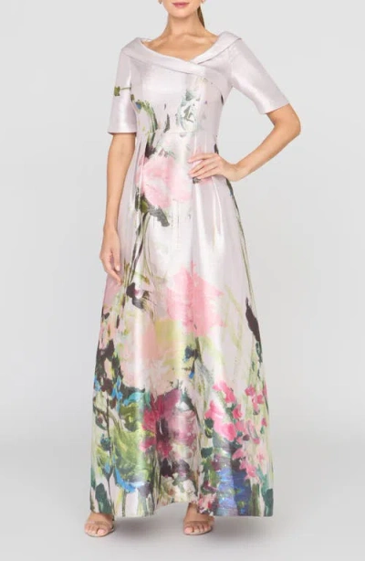 Kay Unger Coco Metallic Floral Print Mikado Gown In Pink