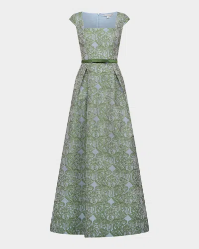 Kay Unger Constance Pleated Ombre Damask Jacquard Gown In Green