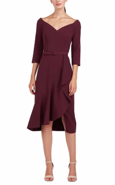 Kay Unger Crepe Quarter Sleeve Midi Dress In Molasses In Burgundy