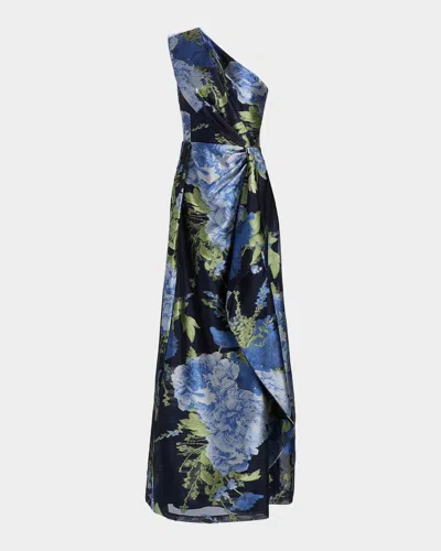 Kay Unger Daisy One-shoulder Organza Jacquard Gown In Blue
