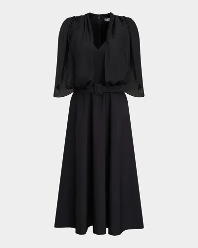 Kay Unger Deanna Belted Cape-sleeve Midi Dress In Black