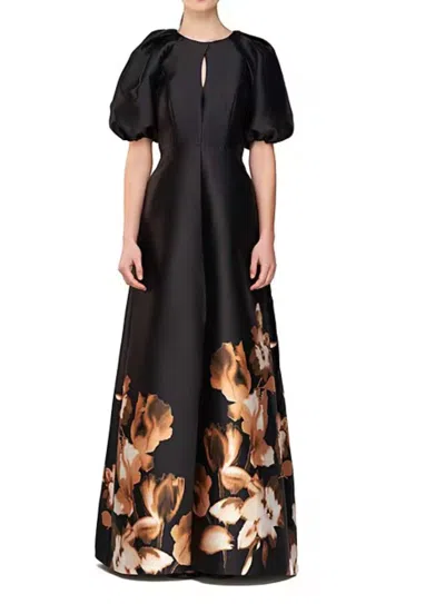 Kay Unger Delfina Floral Boarder Gown In Black