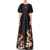 Kay Unger Delfina Puff Sleeve Mikado Gown In Black/fall Gold