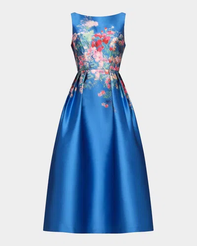 Kay Unger Dina Floral Mikado Tea-length Dress In Blue