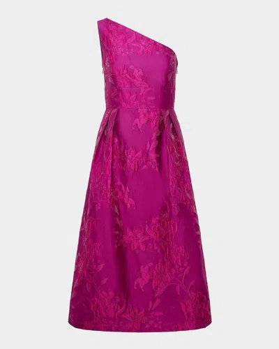 Kay Unger Dorrit One-shoulder Tea-length Jacquard Dress In Purple