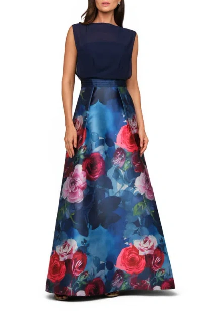 Kay Unger Eileen Sleeveless Mixed Media Gown In Blue