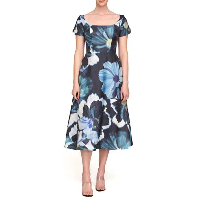 Kay Unger Emma Floral Cap Sleeve Cocktail Midi Dress In Blue