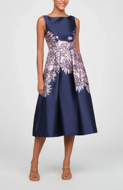 Kay Unger Evaline Placed Floral Cocktail Midi Dress In Blue