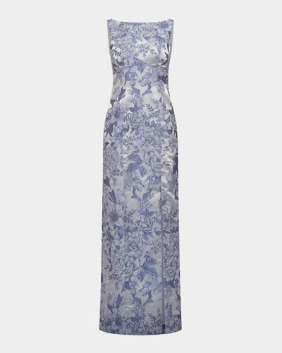 Kay Unger Everleigh Floral Jacquard Column Gown In Gray