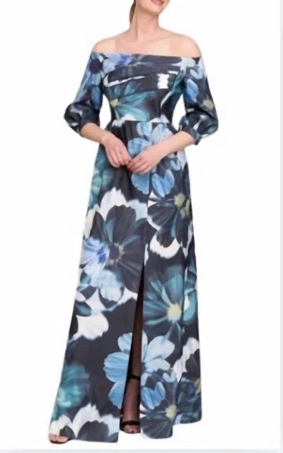Kay Unger Floral Off The Shoulder Gown In Teal Multi