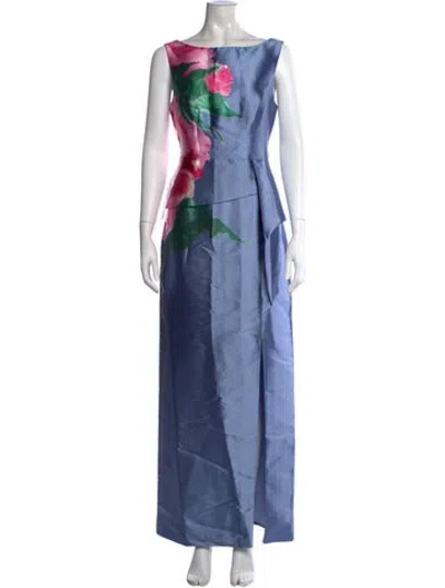 Pre-owned Kay Unger Floral Print Long Dress In Blue