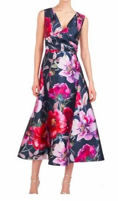 Kay Unger Floral Tea Length Dress In Rasberry In Multi