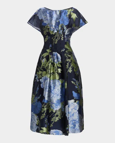 Kay Unger Florene Floral-print Organza Jacquard Midi Dress In Blue