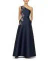 Kay Unger Giada Beaded One-shoulder Gown In Blue