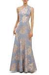 Kay Unger Gianella Floral Metallic Jacquard One-shoulder Gown In Blue