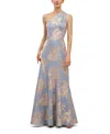 Kay Unger Gianella Floral Metallic Jacquard One-shoulder Gown In Blue