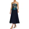 Kay Unger Giannina Metallic Floral Mixed Media Strapless Cocktail Dress In Blue Sea