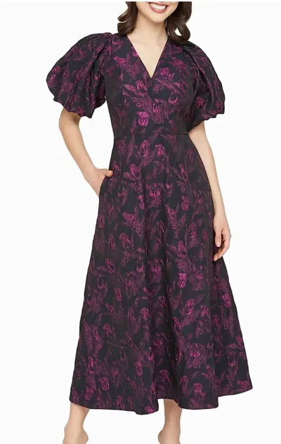 Kay Unger Grace Blouson-sleeve Floral Jacquard Midi Dress In Purple
