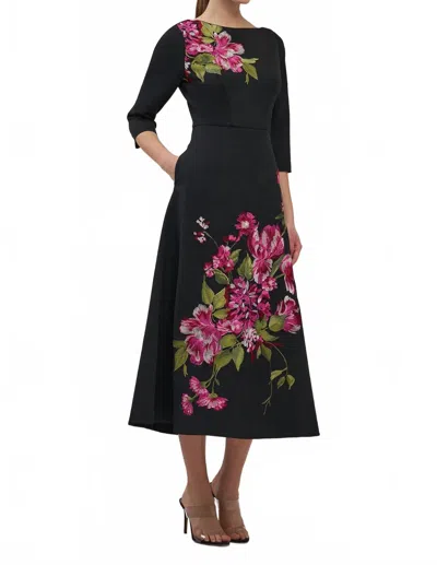 Kay Unger Greta Floral Embroidered Midi Dress In Carbon Multi In Black