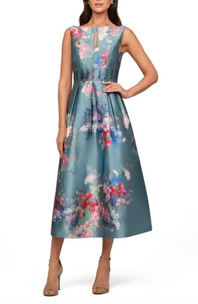 Kay Unger Hara Floral Print A-line Dress In Blue