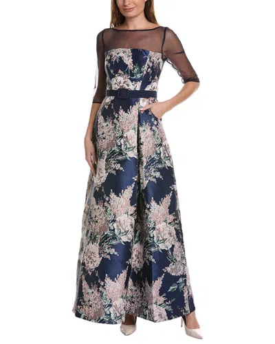 Kay Unger Pleated Floral Jacquard Illusion Gown In Marine Blue Rose