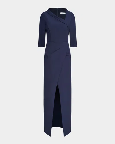 Kay Unger Helena Asymmetric Neck Gown In Midnight Blue