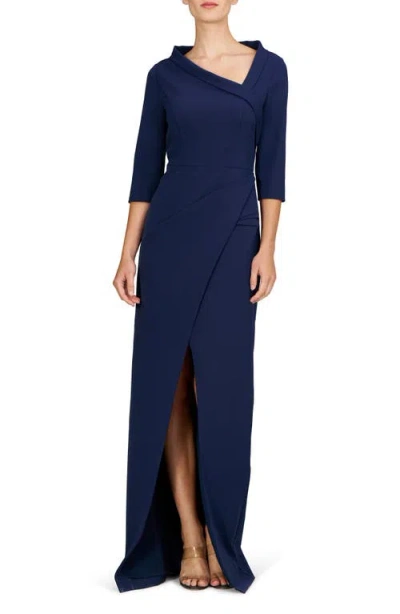Kay Unger Helena Asymmetric Neck Gown In Midnight Blue