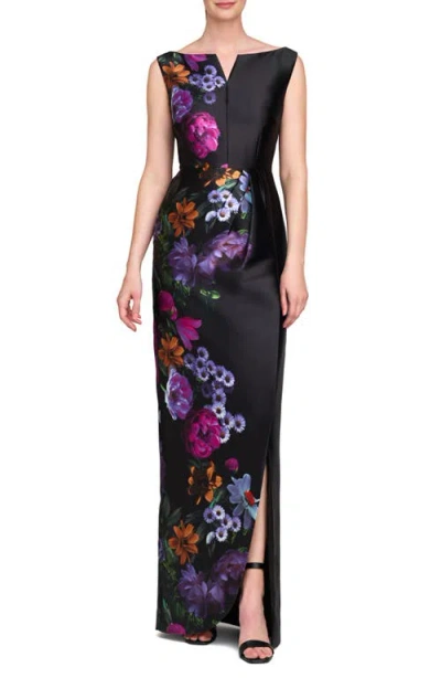 Kay Unger Helene Placed Floral Print Column Gown In Raven/boysenberry