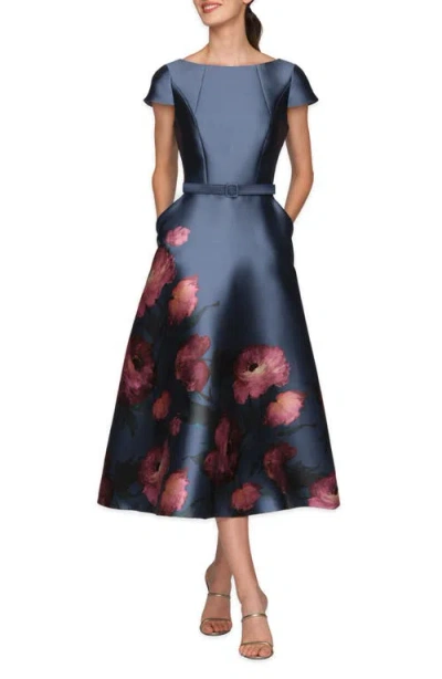 Kay Unger Ina Belted Cocktail Dress In Chambray Multi