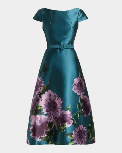 Kay Unger Ina Floral-print Mikado Midi Dress In Green