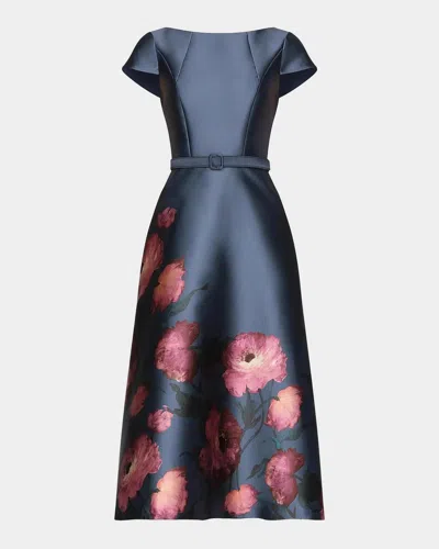 Kay Unger Ina Mikado Poppy Tea-length Cocktail Dress In Blue