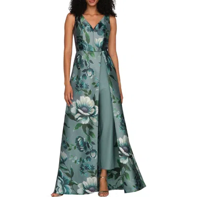 Kay Unger Isabelle Floral Print Mikado Jumpsuit In Green