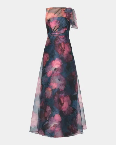 Kay Unger Jocelyn Poppy Print Chiffon A-line Gown In Multi