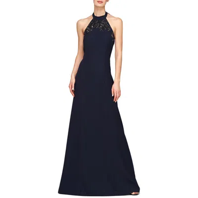 Kay Unger Josephina Beaded Lace Detail Halter Neck Gown In French  