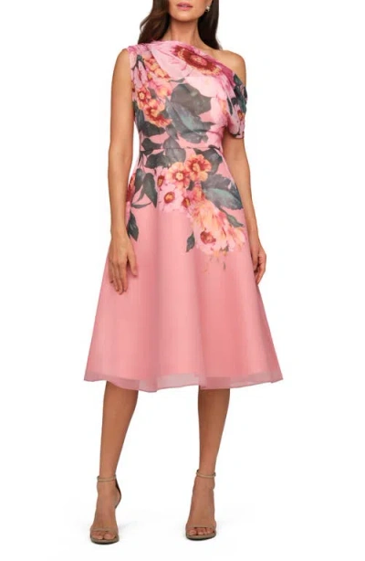 Kay Unger Katherine Floral One-shoulder Midi Dress In Pink