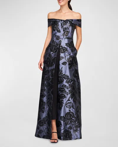 Kay Unger Kiana Off-shoulder Jacquard Walk-thru Jumpsuit In Cornflower