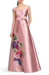 Kay Unger Kitri Placed Floral Off The Shoulder A-line Gown In Woodrose Multi