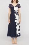 Kay Unger Layla Floral Appliqué Embroidered Mesh Midi Dress In Blue