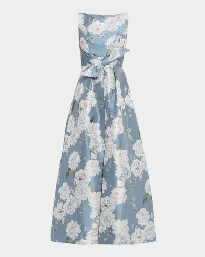 Kay Unger Lilianna Sleeveless Pleated Floral-print Gown In Blue