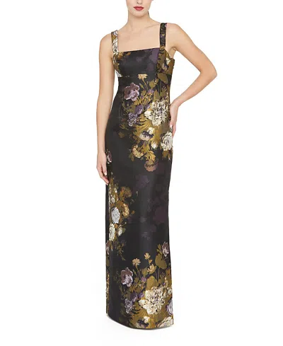 Kay Unger Lilith Floral Damask Jacquard Column Gown In Black