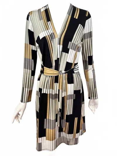 Kay Unger Long Sleeve V Neck Dress In Multi