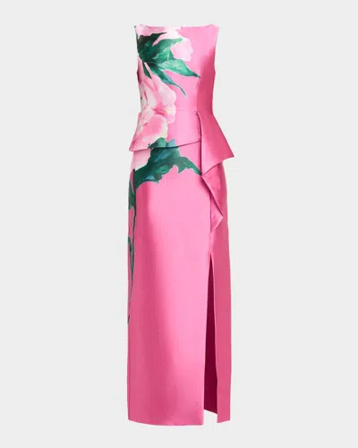 Kay Unger Luciana Floral-print Mikado Column Gown In Pink