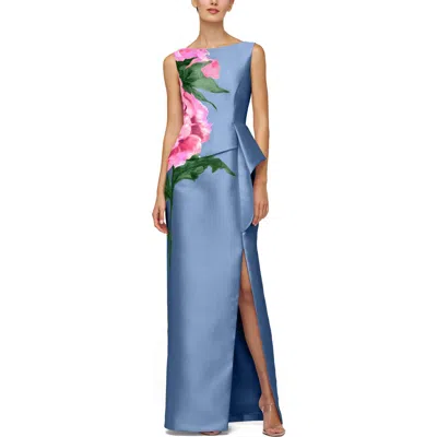 Kay Unger Luciana Placed Floral Column Gown In Blue