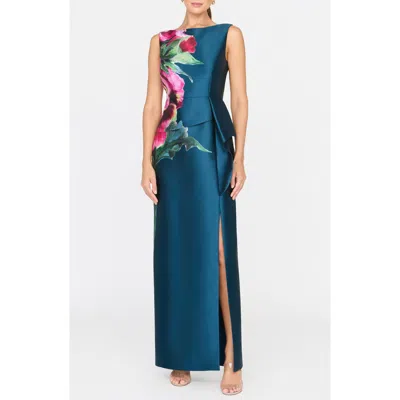 Kay Unger Luciana Placed Floral Column Gown In Blue