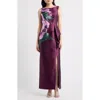 Kay Unger Luciana Placed Floral Column Gown In Purple