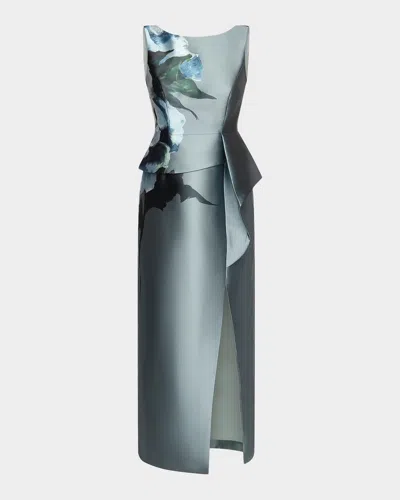 Kay Unger Luciana Satin Floral Column Gown In Multi