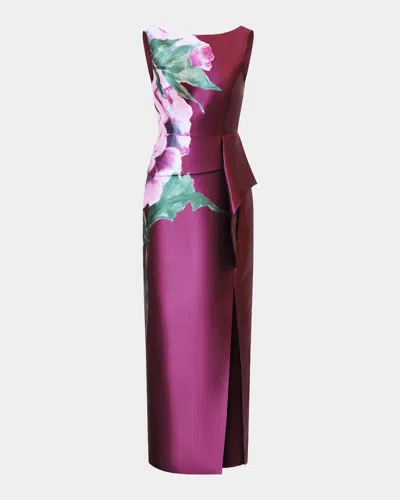 Kay Unger Luciana Satin Floral Column Gown In Mulberry
