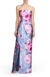 Kay Unger Lucienne Floral Strapless Column Gown In Pearl Blue Multi