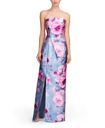 Kay Unger Lucienne Floral Strapless Column Gown In Pearl Blue Multi